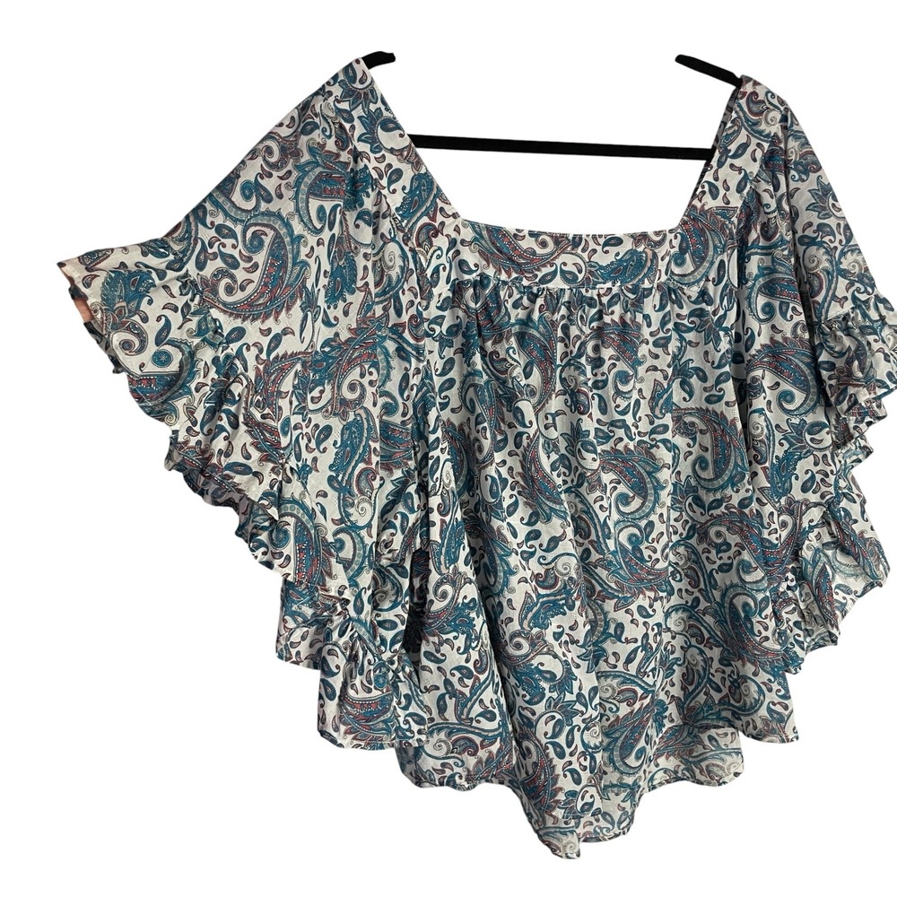Terra & Sky Womens Paisley Ruffle Blouse Size 2X Multi Flutter Sleeve Boho